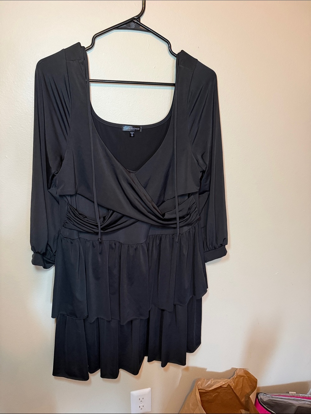 Black Layered Wrap-Style Tiered Dress with Drawstring